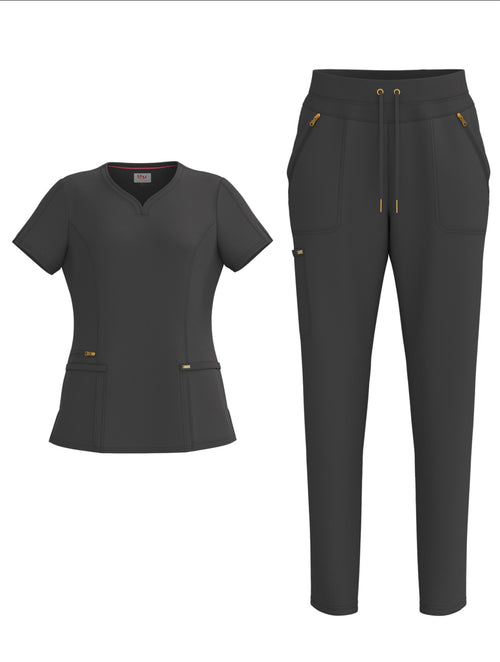 Designed for comfort, confidence, and performance, our Signature Luxe Stretch Scrub Collection combines a sleek professional fit with functional everyday wear. Made with a premium blend of 93% polyester and 7% spandex, these scrubs provide lightweight stretch, breathability, and all-day flexibility for busy healthcare professionals.

Featuring elegant gold zipper accents, this collection delivers a polished and modern look while keeping practicality at the forefront. The scrub pants are designed with a comf
